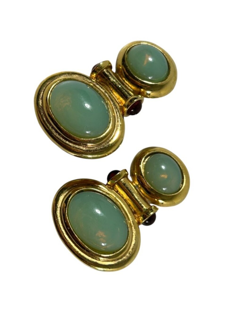 Vintage 90s Elizabeth Taylor Avon Clip On Earrings Green Cabochon Gold Tone